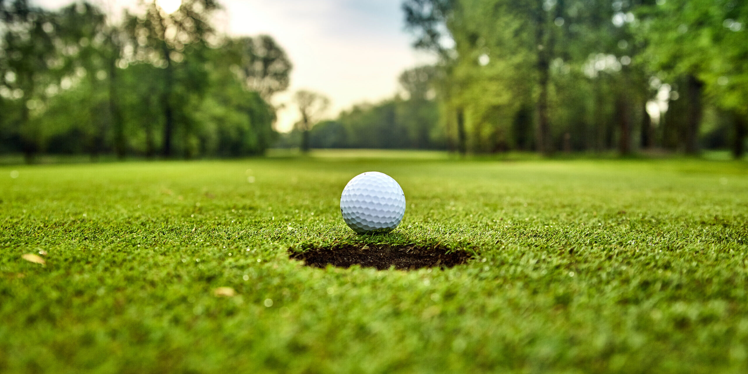 Balle de golf sur le green. Balle de golf au bord du trou